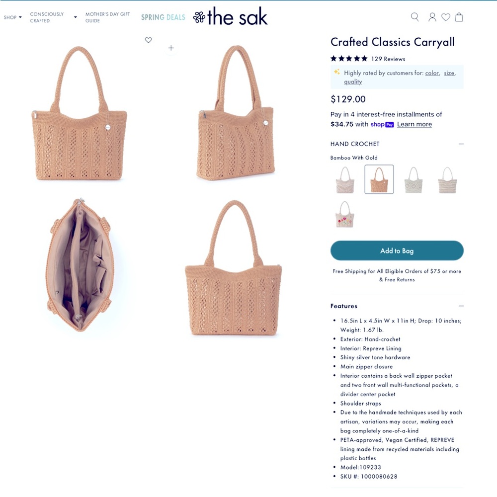 The Sak Crafted Classic Carryall Tote NWOT